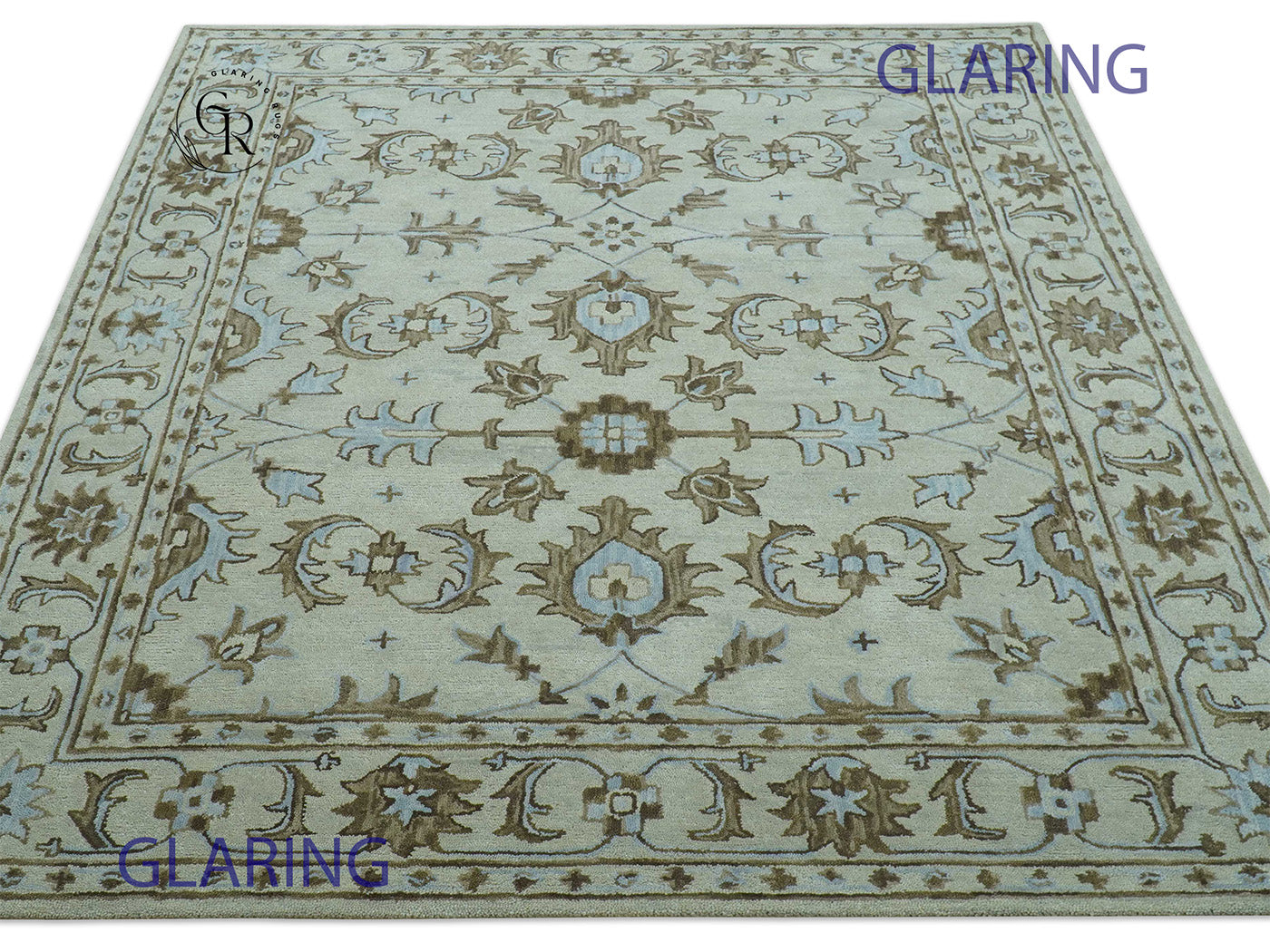 Hand Tufted Oushak Rug in Ivory & Sage Green | Vintage Floral Wool Carpet