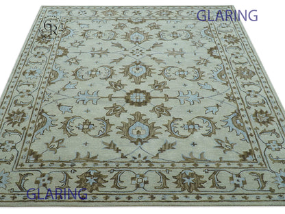 Hand Tufted Oushak Rug in Ivory & Sage Green | Vintage Floral Wool Carpet
