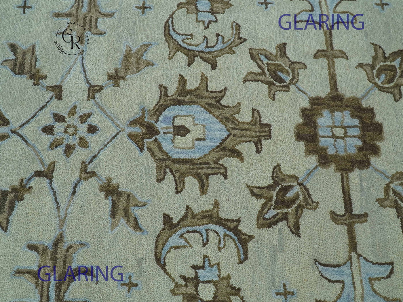 Hand Tufted Oushak Rug in Ivory & Sage Green | Vintage Floral Wool Carpet