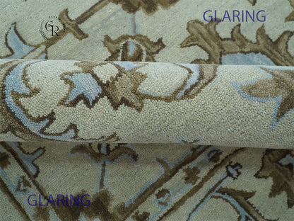Hand Tufted Oushak Rug in Ivory & Sage Green | Vintage Floral Wool Carpet