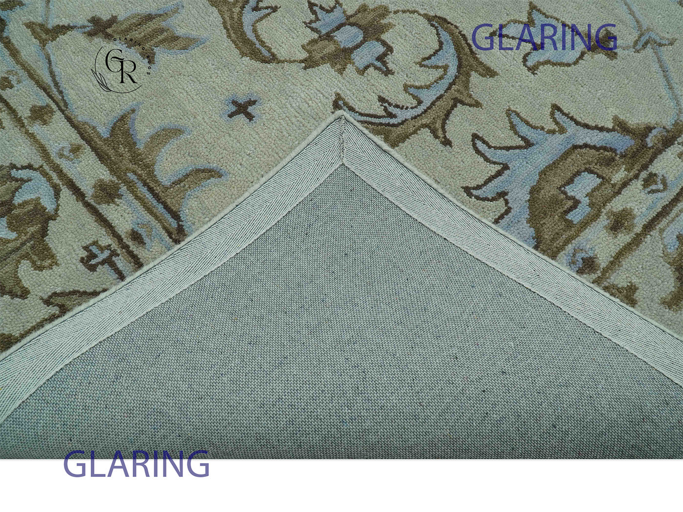 Hand Tufted Oushak Rug in Ivory & Sage Green | Vintage Floral Wool Carpet