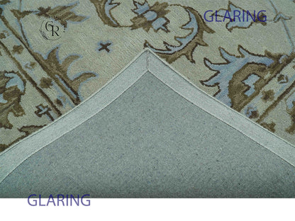 Hand Tufted Oushak Rug in Ivory & Sage Green | Vintage Floral Wool Carpet