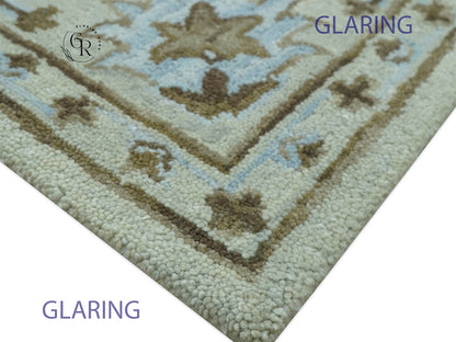 Hand Tufted Oushak Rug in Ivory & Sage Green | Vintage Floral Wool Carpet