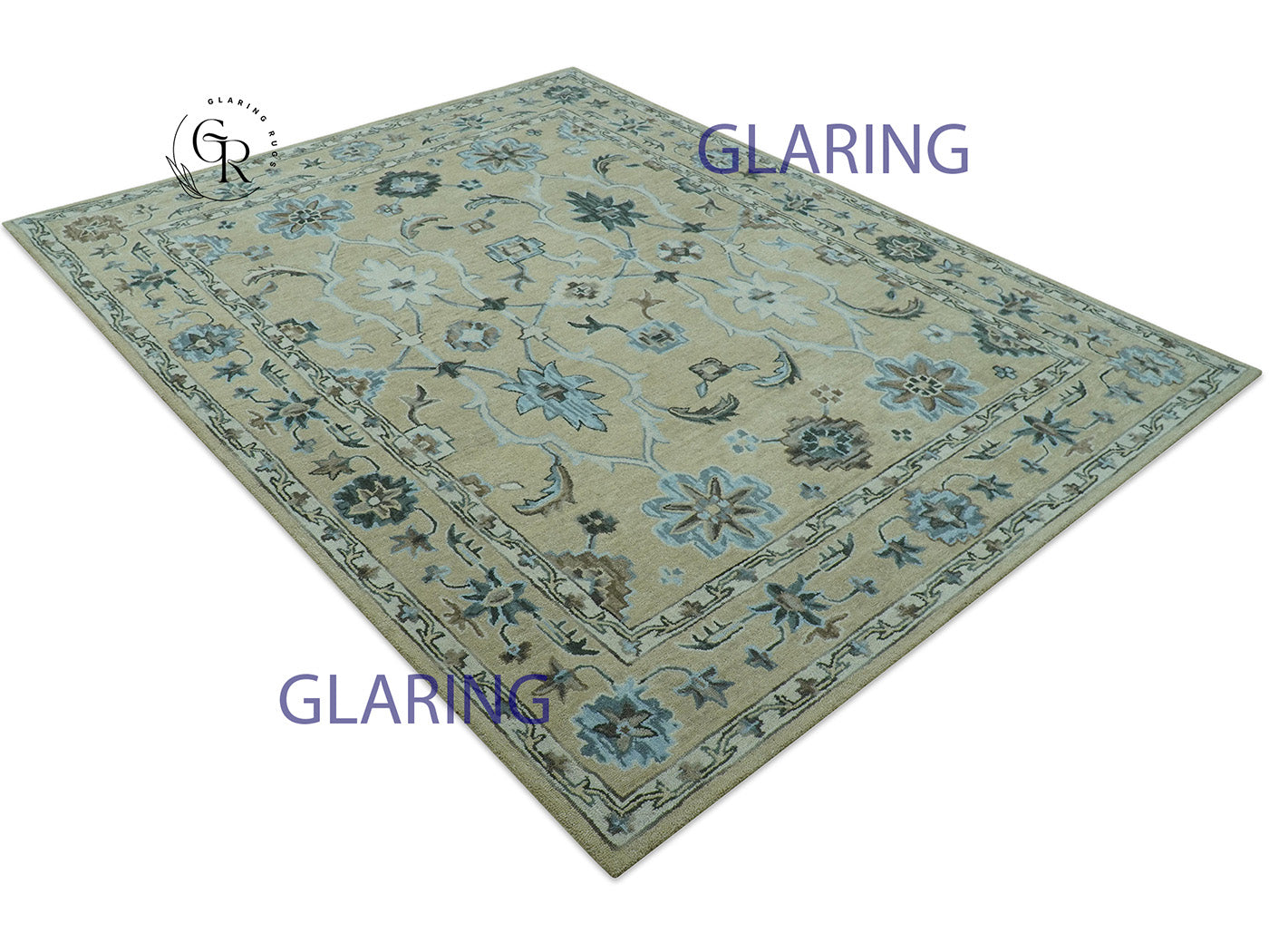 Vintage Oushak Rug | Blue Floral Area Rug | Handmade Persian Inspired Rug