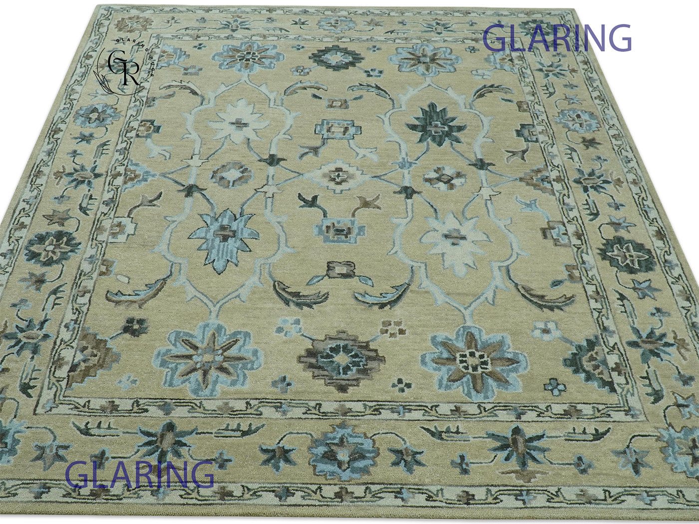 Vintage Oushak Rug | Blue Floral Area Rug | Handmade Persian Inspired Rug
