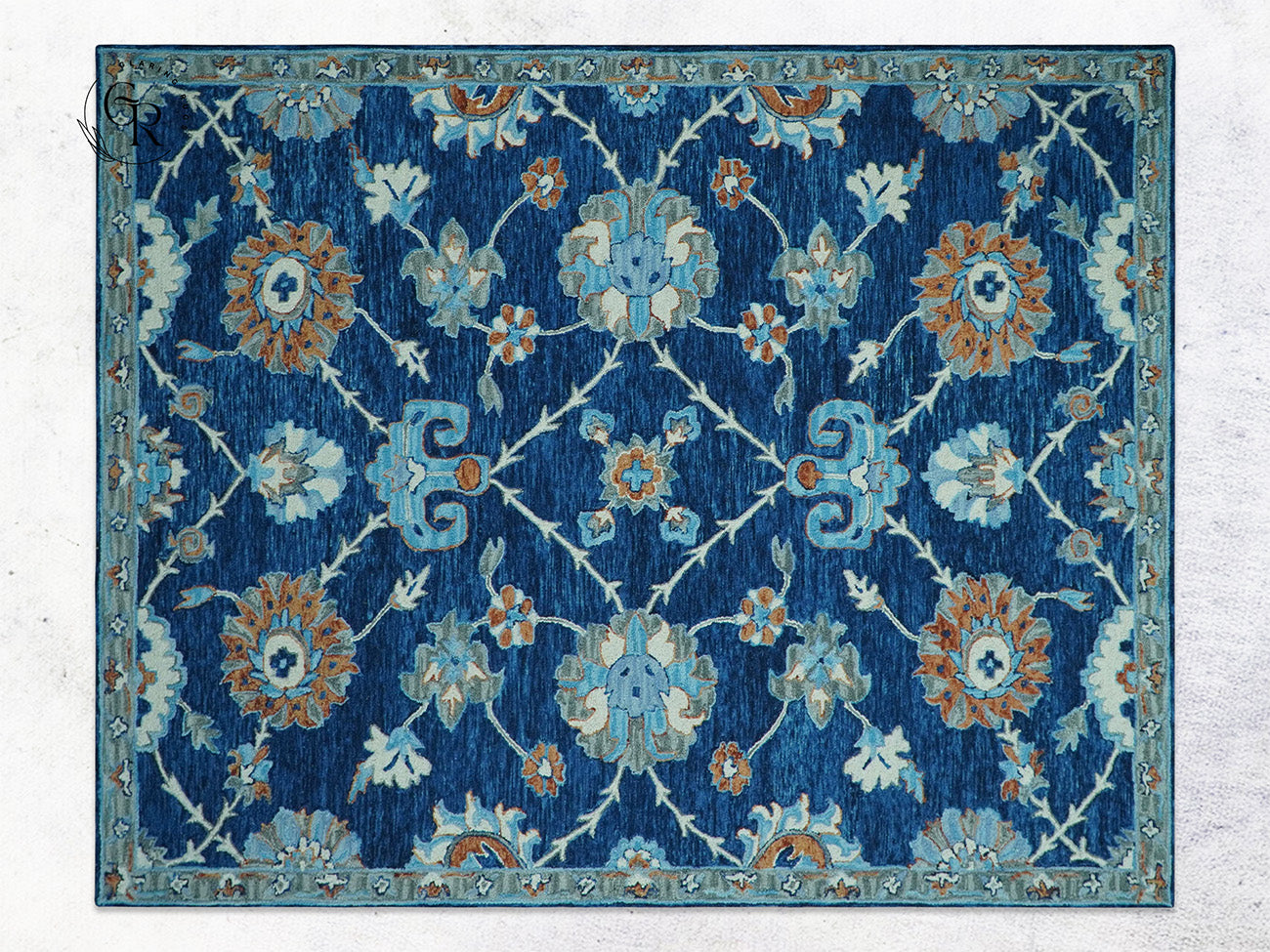 Hand Tufted Wool Oushak Rug | Navy Blue Floral Persian Area Rug | Traditional Oriental Carpet