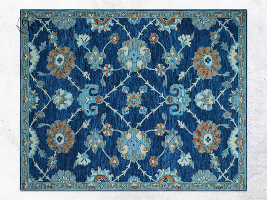 Hand Tufted Wool Oushak Rug | Navy Blue Floral Persian Area Rug | Traditional Oriental Carpet
