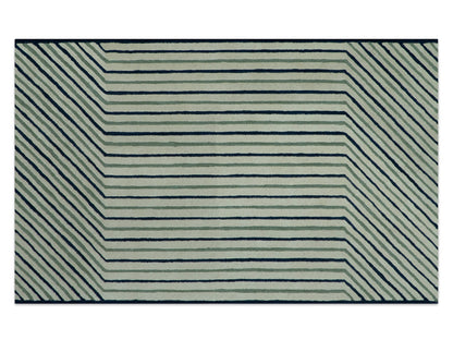 Modern Geometric Striped Rug| Hand Tufted Wool Area Rug in Ivory, Sage Green & Navy Blue