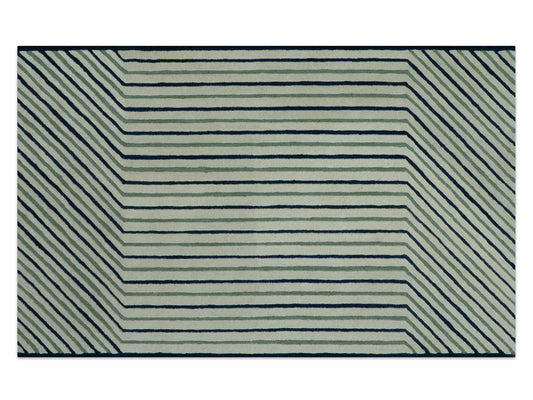 Modern Geometric Striped Rug| Hand Tufted Wool Area Rug in Ivory, Sage Green & Navy Blue