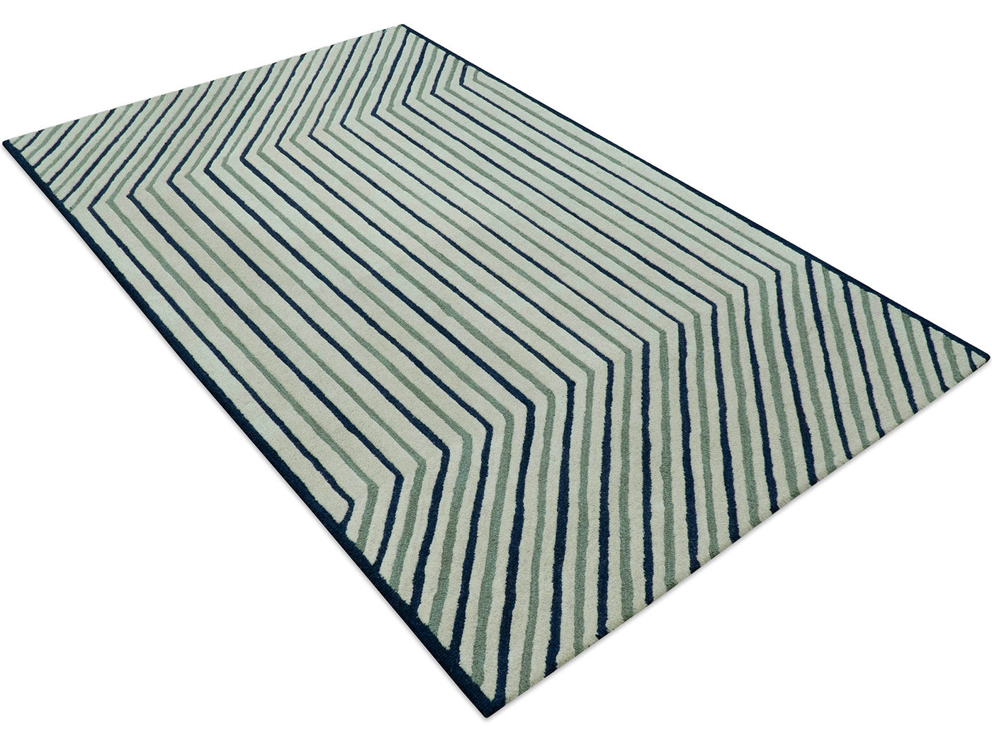 Modern Geometric Striped Rug| Hand Tufted Wool Area Rug in Ivory, Sage Green & Navy Blue