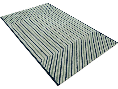 Modern Geometric Striped Rug| Hand Tufted Wool Area Rug in Ivory, Sage Green & Navy Blue