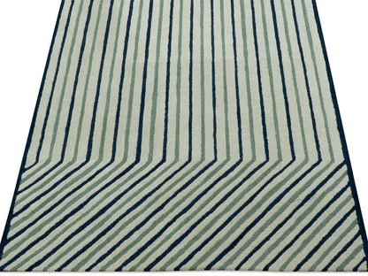 Modern Geometric Striped Rug| Hand Tufted Wool Area Rug in Ivory, Sage Green & Navy Blue