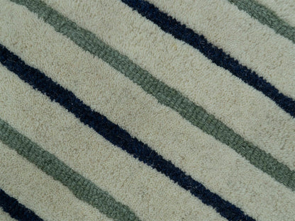 Modern Geometric Striped Rug| Hand Tufted Wool Area Rug in Ivory, Sage Green & Navy Blue