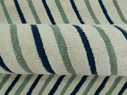 Modern Geometric Striped Rug| Hand Tufted Wool Area Rug in Ivory, Sage Green & Navy Blue