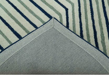 Modern Geometric Striped Rug| Hand Tufted Wool Area Rug in Ivory, Sage Green & Navy Blue