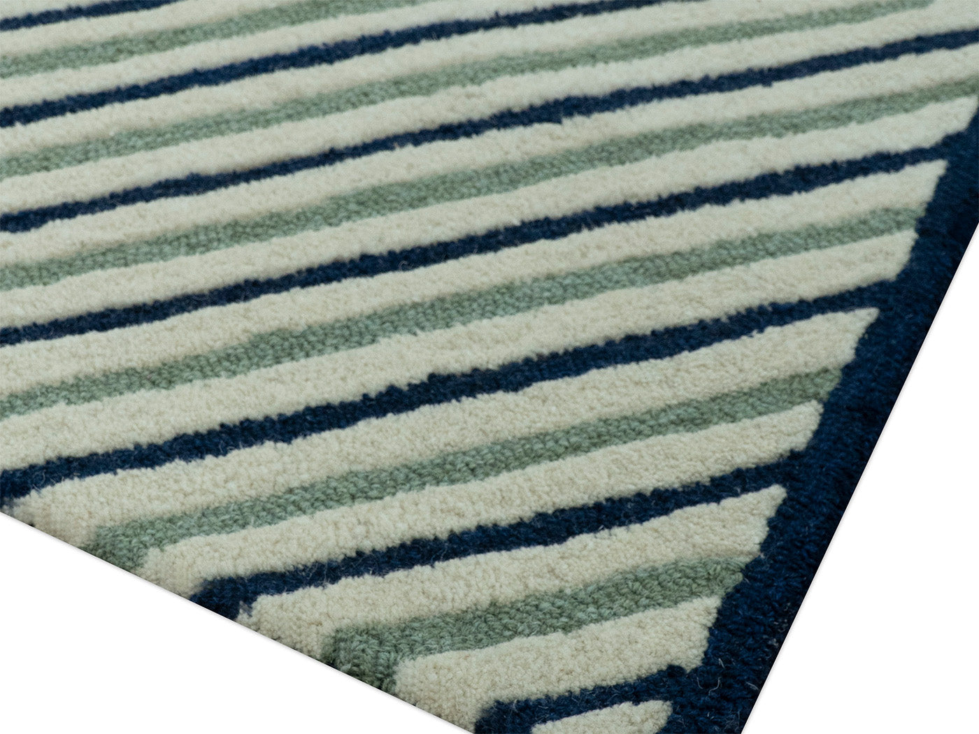 Modern Geometric Striped Rug| Hand Tufted Wool Area Rug in Ivory, Sage Green & Navy Blue