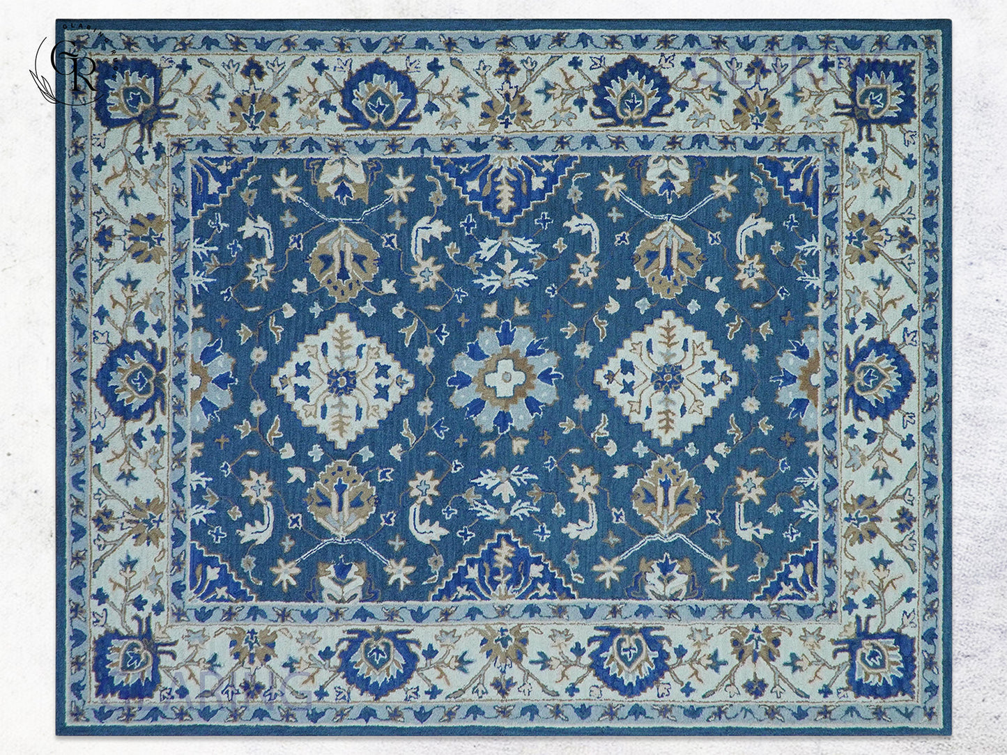 Handmade Blue Floral Oriental Rug with Ivory Border | Traditional Wool Area Carpet