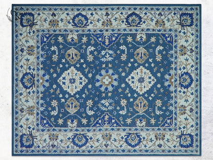 Handmade Blue Floral Oriental Rug with Ivory Border | Traditional Wool Area Carpet