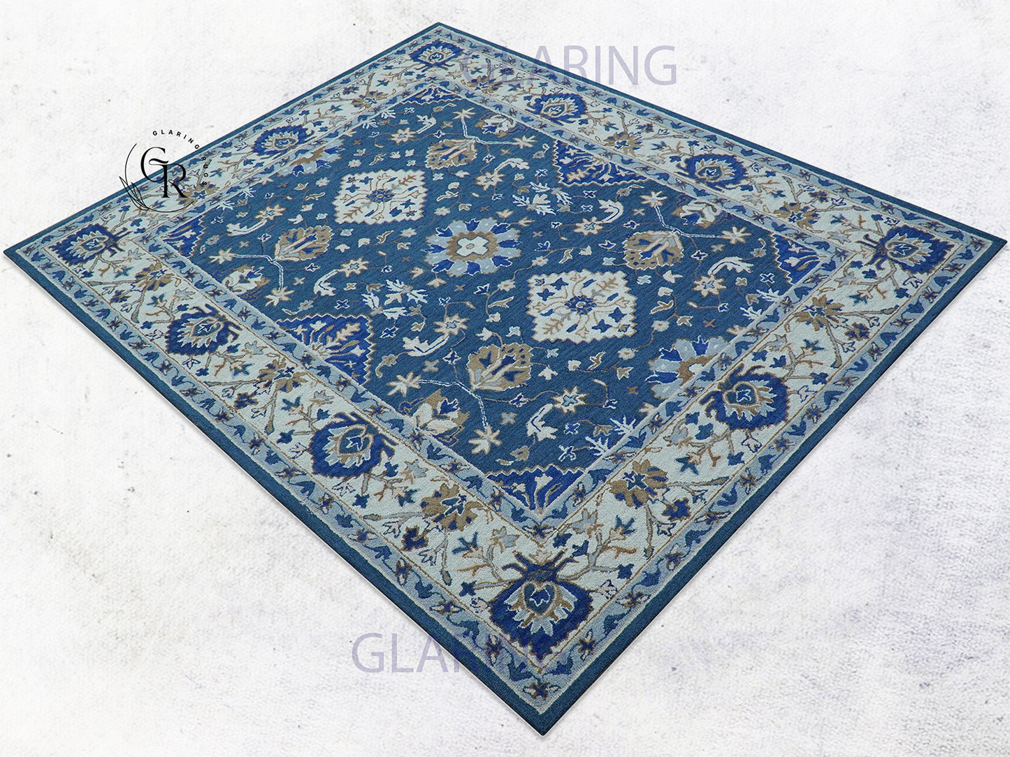 Handmade Blue Floral Oriental Rug with Ivory Border | Traditional Wool Area Carpet