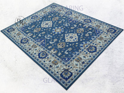 Handmade Blue Floral Oriental Rug with Ivory Border | Traditional Wool Area Carpet