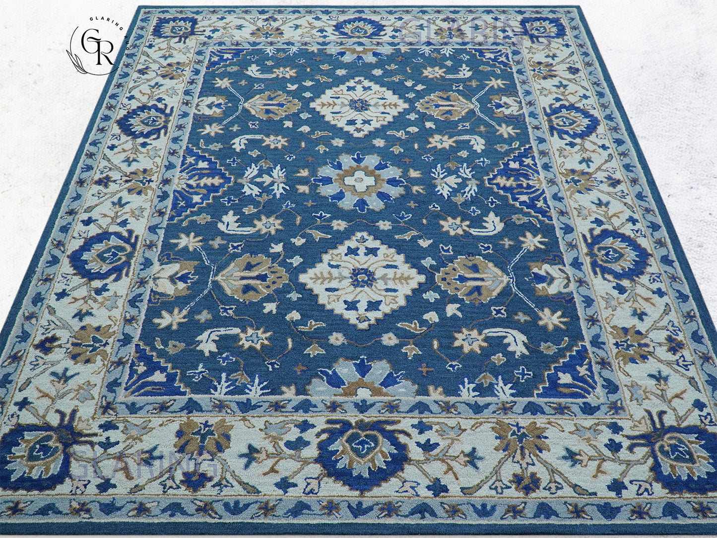 Handmade Blue Floral Oriental Rug with Ivory Border | Traditional Wool Area Carpet