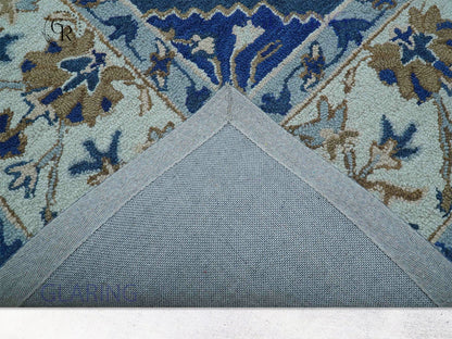 Handmade Blue Floral Oriental Rug with Ivory Border | Traditional Wool Area Carpet