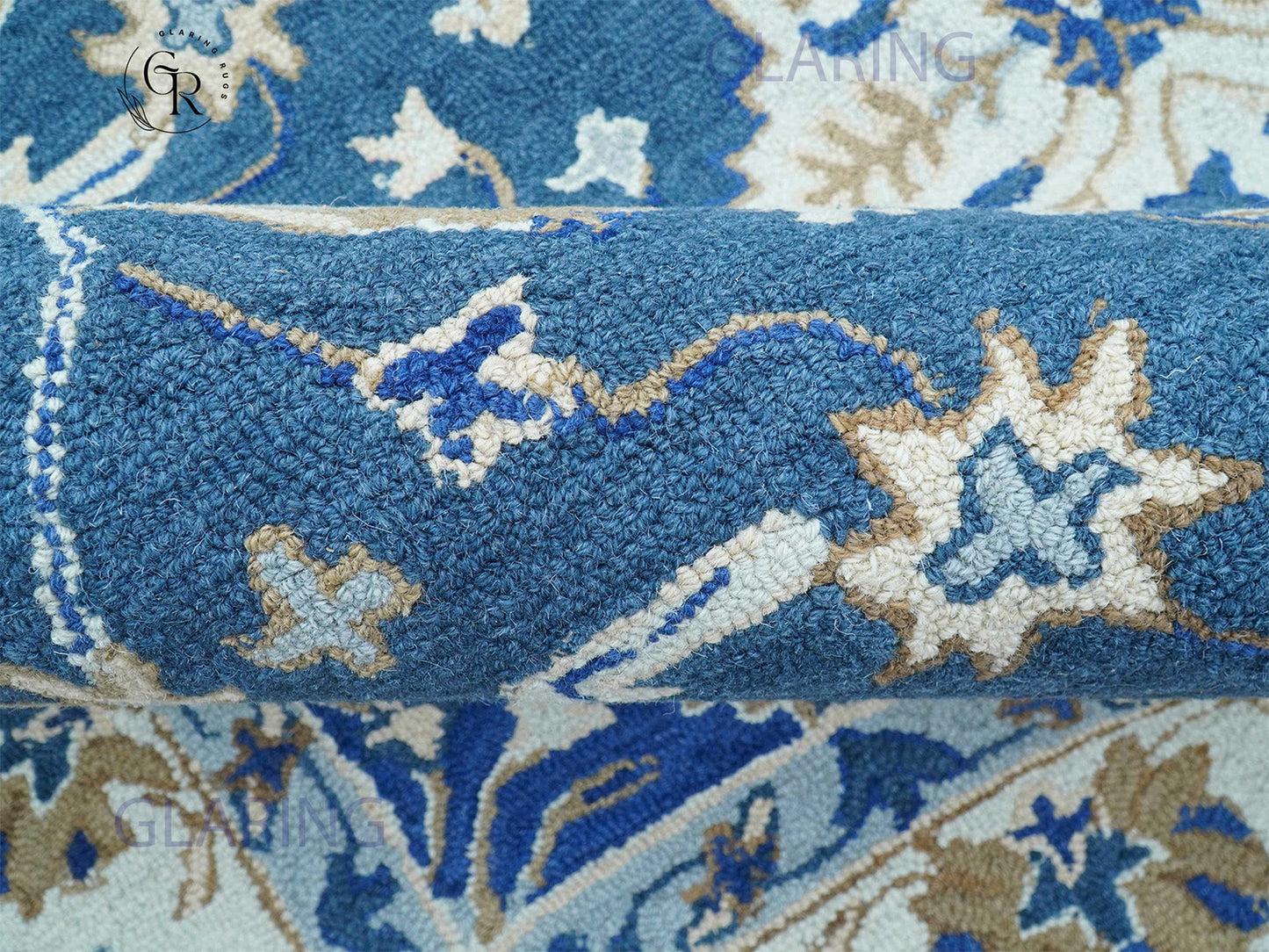 Handmade Blue Floral Oriental Rug with Ivory Border | Traditional Wool Area Carpet