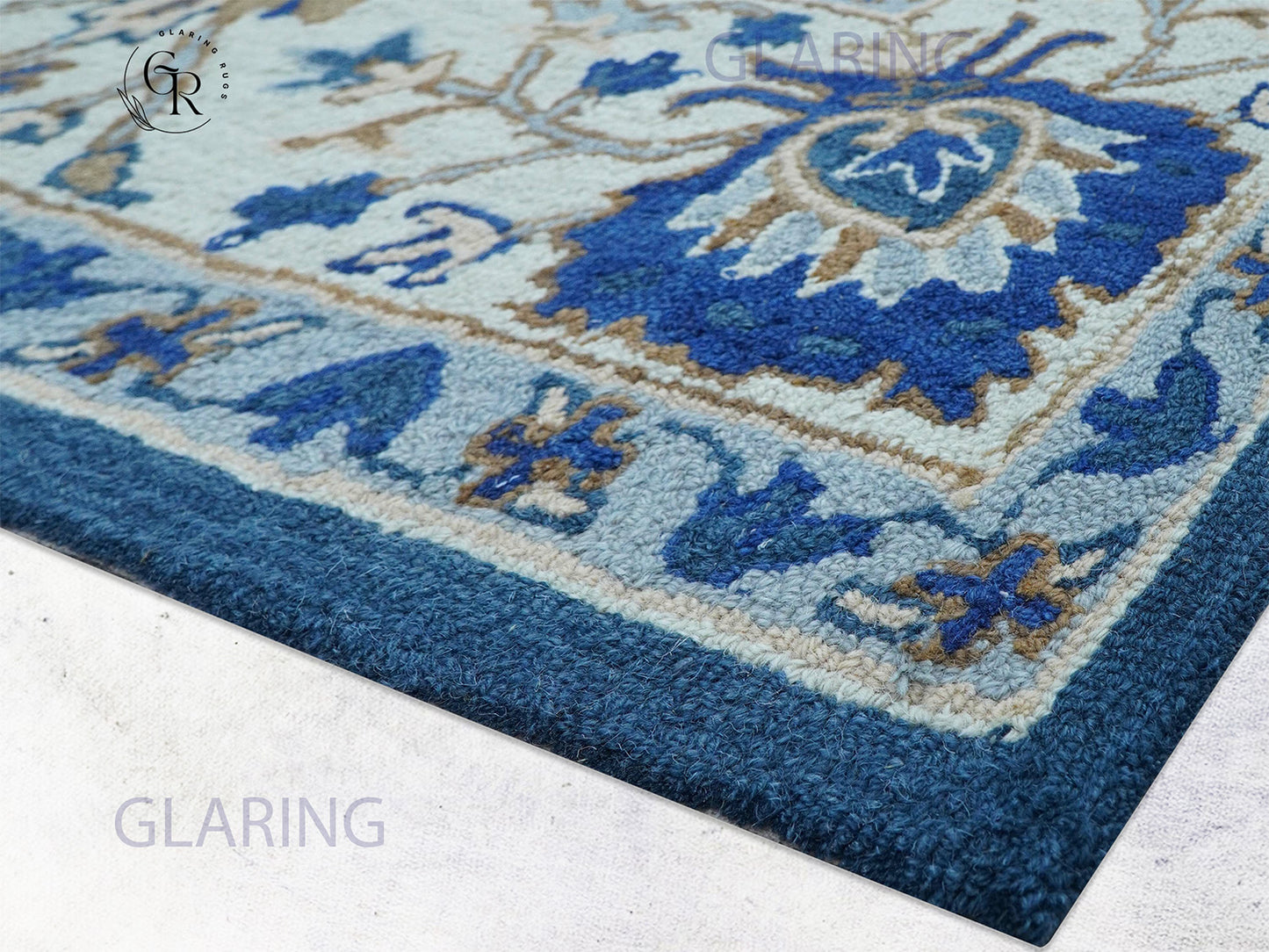 Handmade Blue Floral Oriental Rug with Ivory Border | Traditional Wool Area Carpet