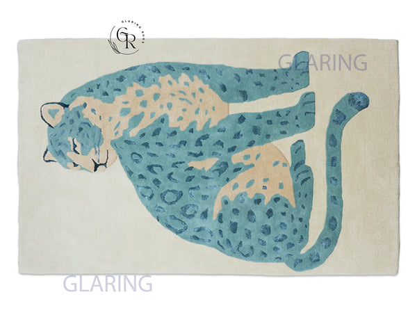 Hand Tufted Blue Wool Rug | Leopard Design on Beige 5x8