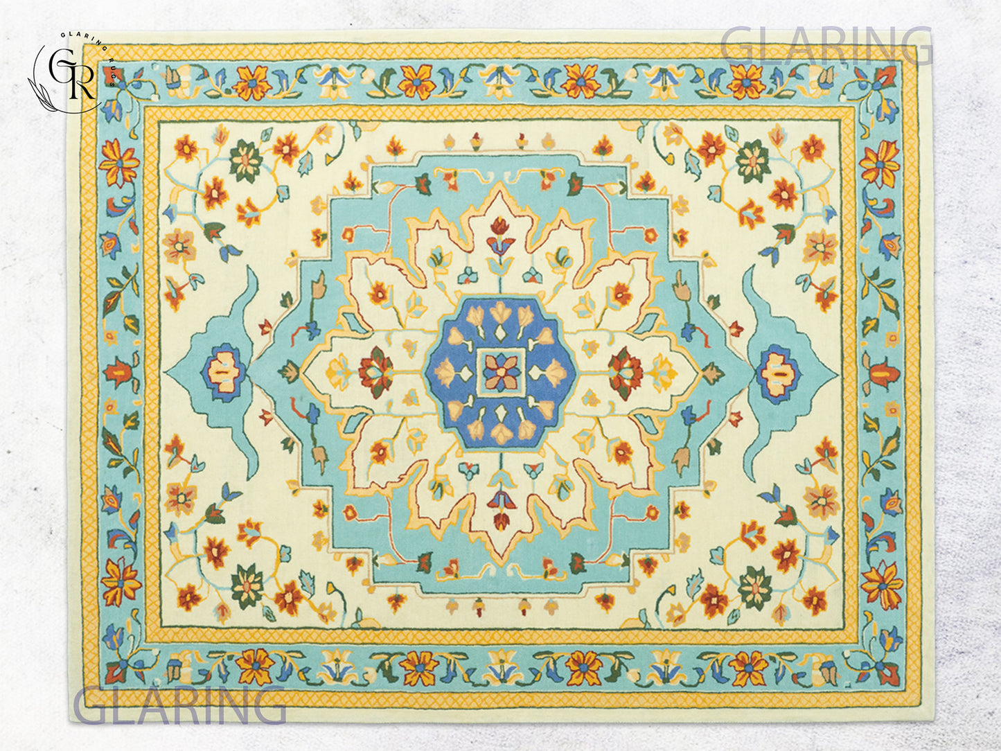 Handmade Wool Oushak Rug | Cream & Sky Blue Floral Rug