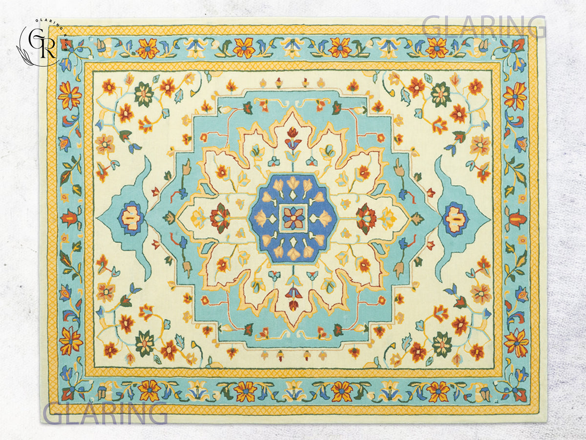 Handmade Wool Oushak Rug | Cream & Sky Blue Floral Rug