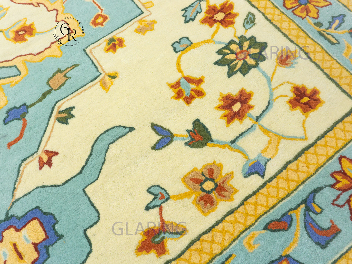 Handmade Wool Oushak Rug | Cream & Sky Blue Floral Rug