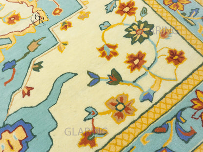 Handmade Wool Oushak Rug | Cream & Sky Blue Floral Rug