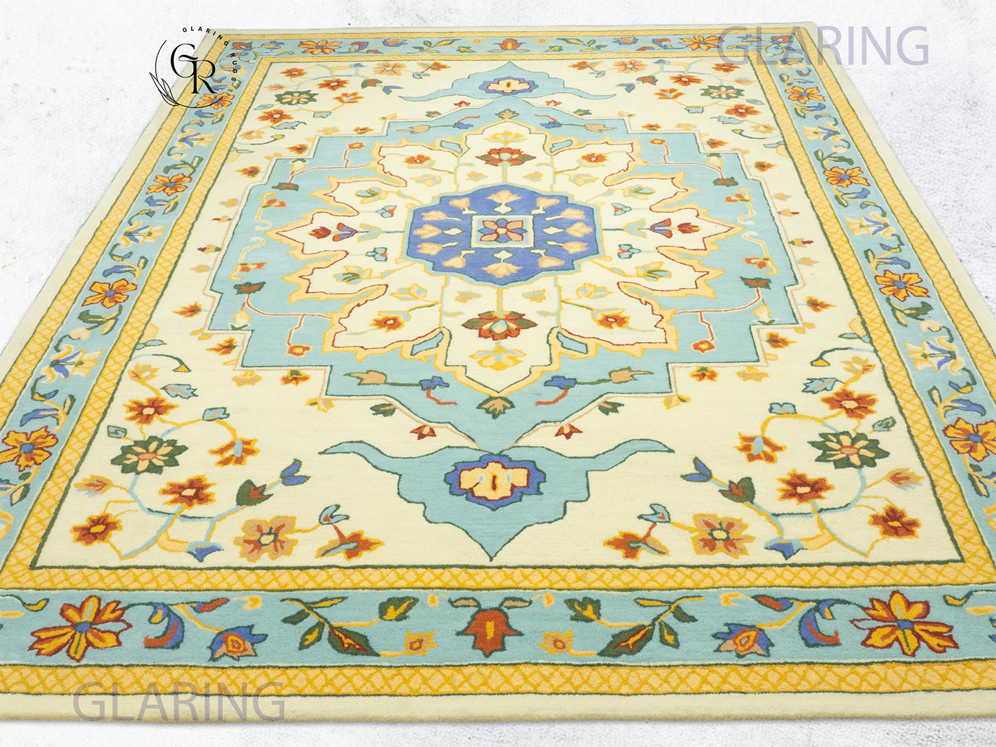Handmade Wool Oushak Rug | Cream & Sky Blue Floral Rug