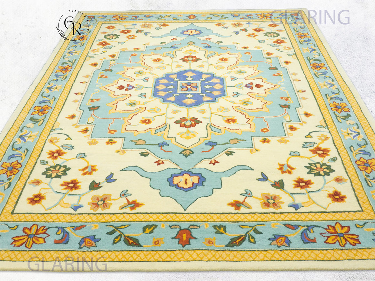 Handmade Wool Oushak Rug | Cream & Sky Blue Floral Rug