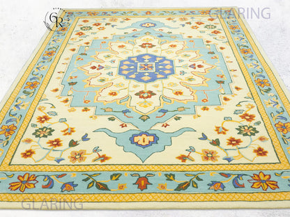 Handmade Wool Oushak Rug | Cream & Sky Blue Floral Rug