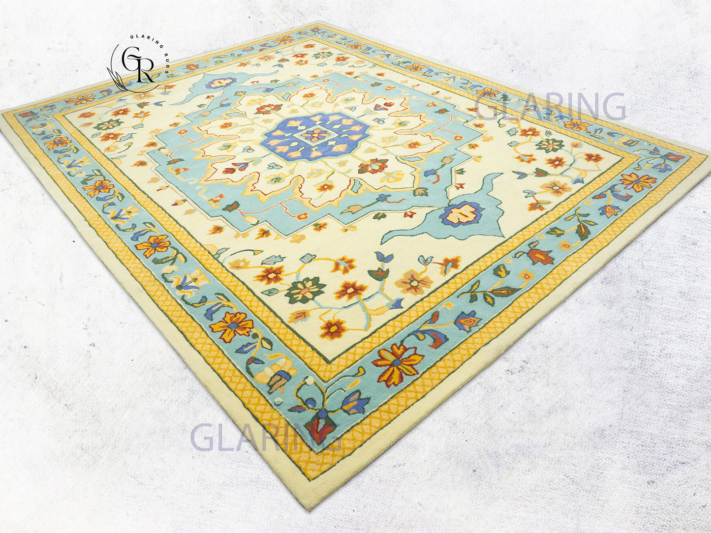 Handmade Wool Oushak Rug | Cream & Sky Blue Floral Rug