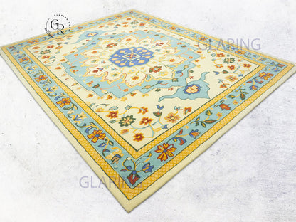 Handmade Wool Oushak Rug | Cream & Sky Blue Floral Rug