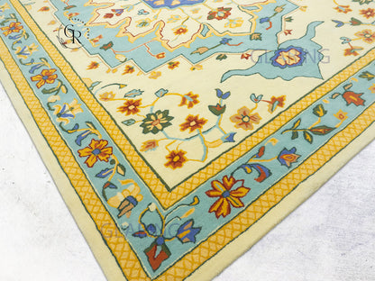 Handmade Wool Oushak Rug | Cream & Sky Blue Floral Rug