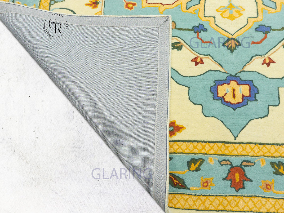 Handmade Wool Oushak Rug | Cream & Sky Blue Floral Rug