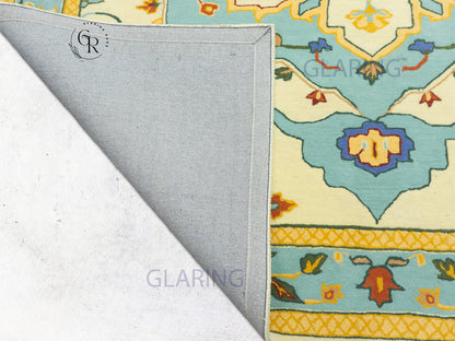 Handmade Wool Oushak Rug | Cream & Sky Blue Floral Rug