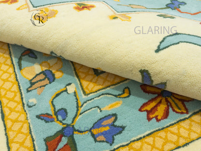 Handmade Wool Oushak Rug | Cream & Sky Blue Floral Rug