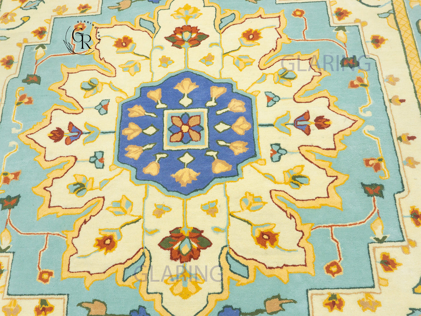 Handmade Wool Oushak Rug | Cream & Sky Blue Floral Rug