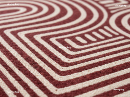 Hand Tufted Wool Rug – Modern Geometric Deep Red & Ivory Carpet