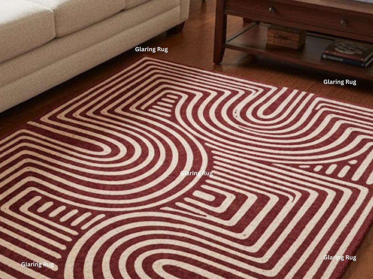 Hand Tufted Wool Rug – Modern Geometric Deep Red & Ivory Carpet