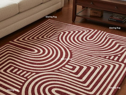 Hand Tufted Wool Rug – Modern Geometric Deep Red & Ivory Carpet