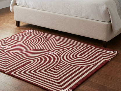 Hand Tufted Wool Rug – Modern Geometric Deep Red & Ivory Carpet