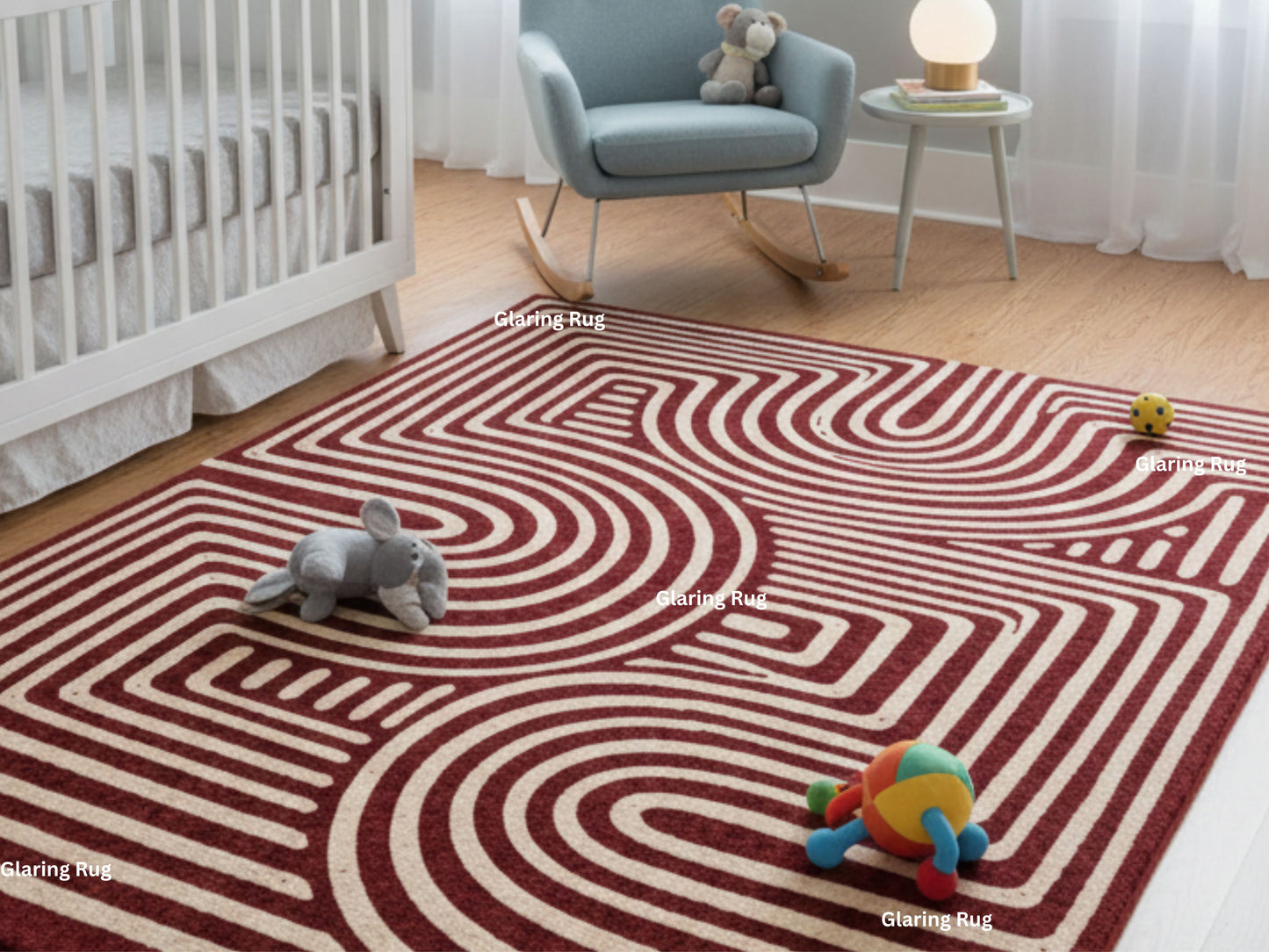 Hand Tufted Wool Rug – Modern Geometric Deep Red & Ivory Carpet