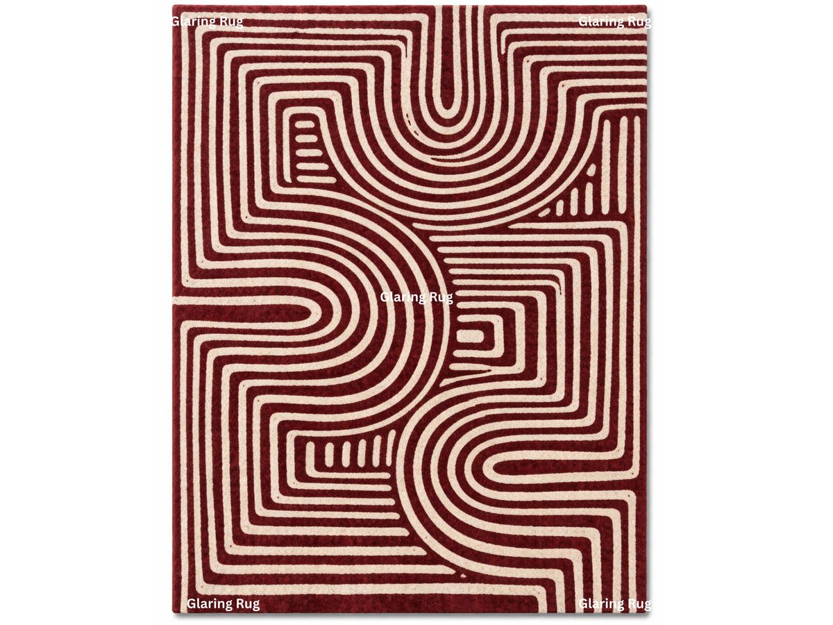 Hand Tufted Wool Rug – Modern Geometric Deep Red & Ivory Carpet