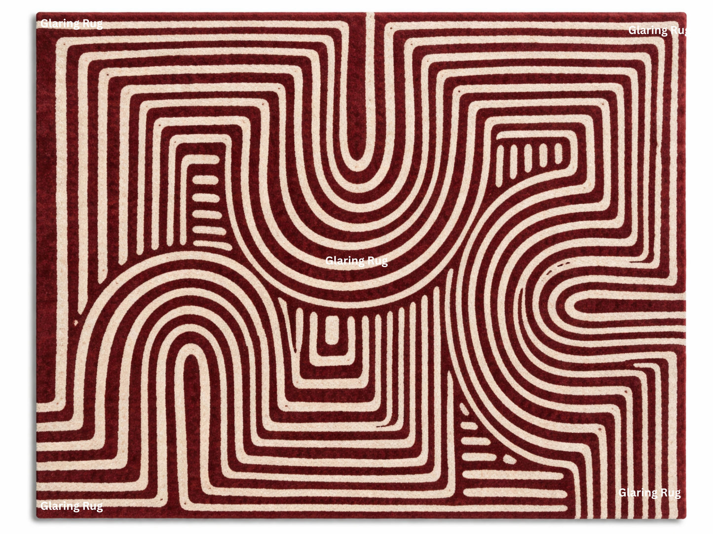 A rectangular rug with a geometric pattern. The rug features a repeating design of curved and straight lines in a cream color against a deep red background. The rug's design creates a sense of depth and movement.